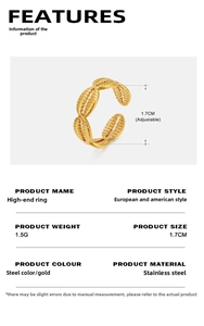Detailed technical specs for adjustable gold shell texture stainless steel ring