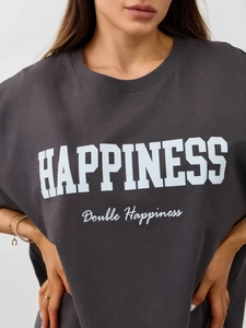 Dunkelgraues Baumwoll-T-Shirt mit weißem HAPPINESS-Schriftzug im lässigen Stil
