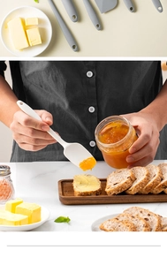 Dual-view of silicone spatulas set showing grey tools and white spatula spreading jam