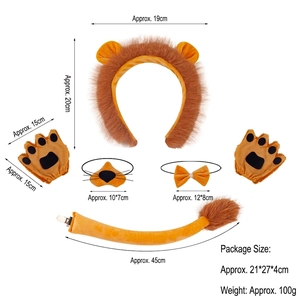 Detailed size chart for 6-piece plush lion costume set including headband and tail