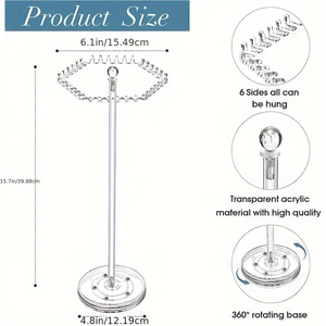 Rotating acrylic necklace organizer with 360-degree base and 6-sided hanging area