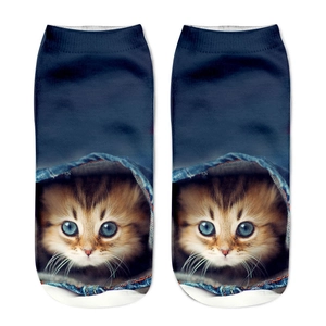 Short 3D cat print socks for men and women featuring a ginger kitten in a denim pocket