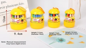 Size comparison chart for various oil pastel sets showing heights and diameters of containers