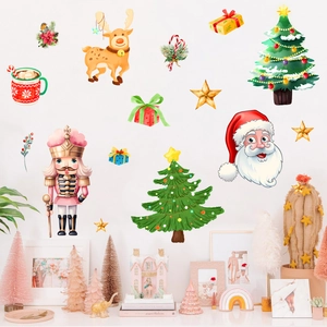 Macro detail of Santa Claus wall decals with nutcracker and Christmas tree stickers