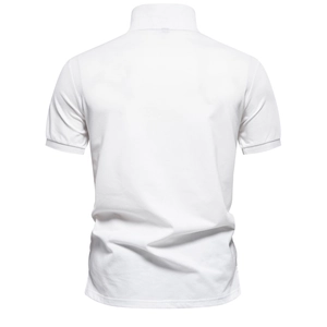Back view of a white short-sleeve polo shirt for men in breathable pique cotton fabric