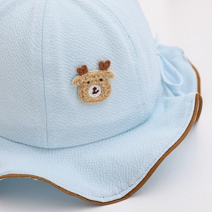 Light blue baby bucket hat with cute deer embroidery and adjustable windproof drawstring
