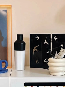 Detail of a minimalist swallow screen used as decor next to a modern black and white bottle