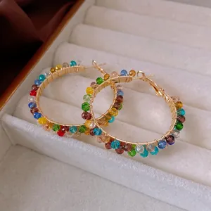 Luxury handmade bohemian gold hoop earrings with multi-colored faceted beads