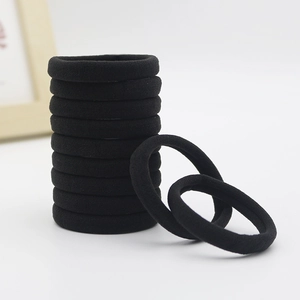 Close-up of black seamless hair ties showing elastic knitted texture and high durability