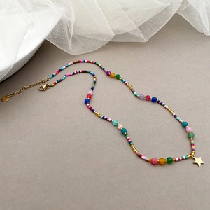 Bohemian colorful natural stone bead necklace with gold star pendant in titanium steel