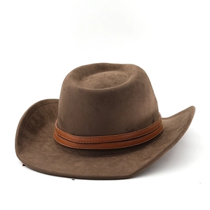 Close-up of brown suede cowboy hat featuring double leather belts and wide curved brim