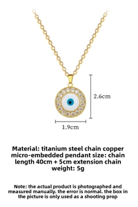 Detailed view of evil eye necklace pendant with clear dimensions and gold plated chain