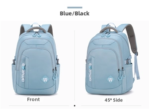 Front and 45-degree side views of the light blue backpack with multi-zipper pockets