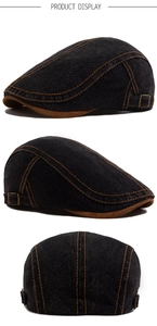 Detailed views of black denim flat cap featuring orange stitching and metal side buckle