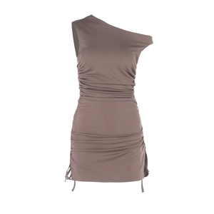 Detail of coffee brown ribbed knit texture and adjustable side drawstring on slim dress
