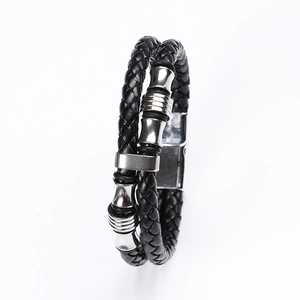 Men's double-layer braided leather bracelet with silver stainless steel magnetic clasp
