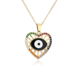 18K gold-plated heart pendant necklace with colorful zircons and lucky evil eye motif