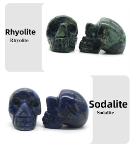 Detailed views of hand-carved Rhyolite and Sodalite crystal skull ornaments