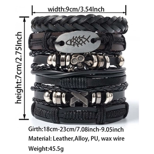 Detail view of 6-piece multilayer leather skull bracelets with size and material labels
