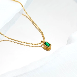 18k gold plated double layer ball chain necklace with rectangular emerald zircon pendant