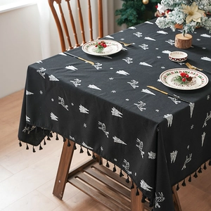 Christmas linen tablecloth with white elk and snowflake patterns and black tassels