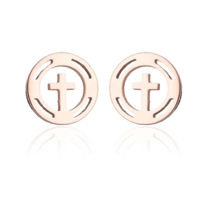 Detail of rose gold stainless steel earrings with circular hollow cross design