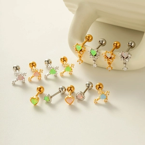 Surgical steel heart and cross cartilage studs with opal stones in gold and silver