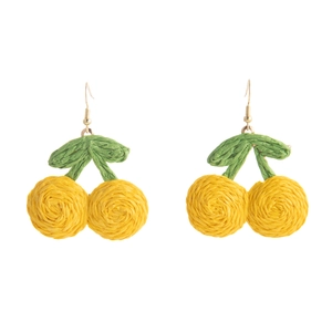 Bohemian handmade woven yellow cherry earrings with gold hooks for summer beach style