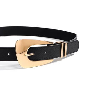 Close-up of black Saffiano leather belt featuring a polished gold shield-shaped metal buckle