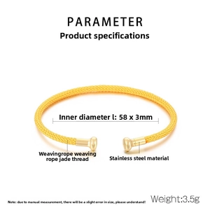 Detail view of gold woven cord bracelet with stainless steel ends and size dimensions