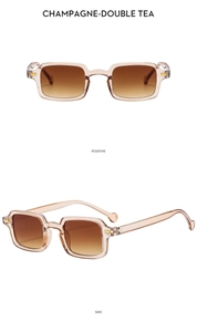 Detail view of champagne square frame sunglasses with gradient brown lenses from two angles