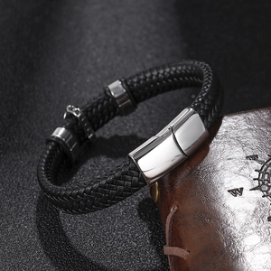 Bracelet pour homme en cuir noir tressé double couche avec fermoir en acier poli