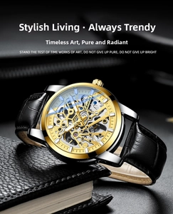 Macro view of skeleton mechanical watch with leather strap and visible gold gears