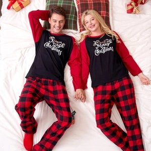 Christmas Pajamas Loungewear Polyester Raglan Long Sleeve Top And Buffalo Plaid Pants Merry Christmas Letter Print Holiday Couples