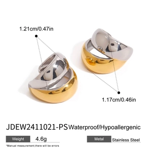 Two-tone stainless steel ear cuff in gold and silver finish with size specifications