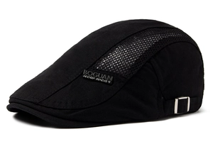 Detail view of the breathable mesh side and adjustable metal buckle on black flat cap