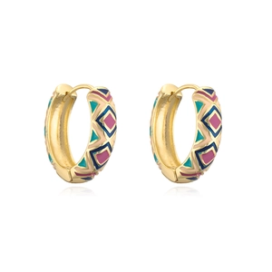 Detailed shot of 18K gold plated hoop earrings with pink blue and green enamel shapes