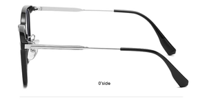 Detail of silver metal frames with black accents and slim temples at a side view
