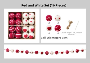 Detail of 16 DIY red and white felt balls with 2m string for Christmas tree decor