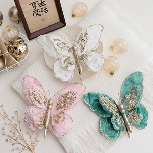 Glitter Double Layer Butterfly Christmas Tree Ornaments With Metal Clips Velvet Cloth Flowers Festive Party Wedding Decor
