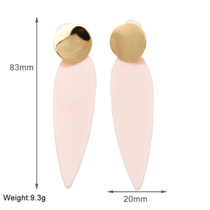 Detail view of pink leaf earrings showing 83mm length and 9.3g weight dimensions