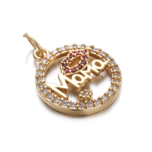 Detailed view of Mama pendant with gold plating, red lips and sparkling zircon stones