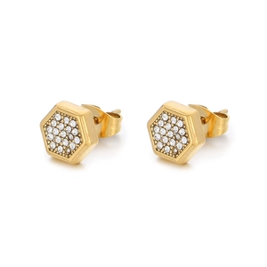 Elegant gold-plated hexagonal stud earrings with paved crystals on white background