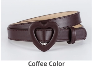 Detail of coffee brown kids' PU leather belt featuring a unique heart-shaped pin buckle