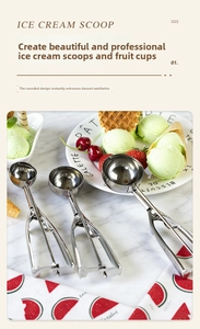 Detailed set of stainless steel ice cream scoops in three sizes on a marble surface