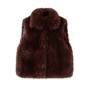 Women's stylish dark brown faux fur vest with sleeveless lapel design on white background