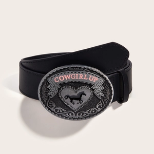 Western Cowboy Belt Women PU Leather Large Oval Buckle Heart Horse Pattern Cowgirl Up Punk Hip Hop Waistband Black
