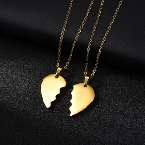 Polished titanium steel two-piece heart puzzle pendant necklace for couples in gold finish