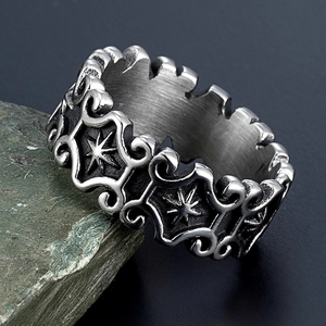 Vintage stainless steel sun totem ring with gothic relief pattern on grey stone