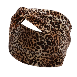 Velvet leopard print wide headband with cross knot design for winter fashion and sports